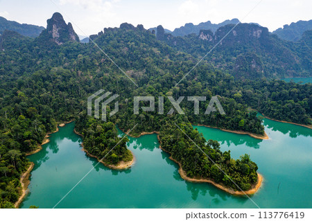Aerial view of Khao Sok national park, in Cheow lan lake, Surat Thani, Thailand 113776419