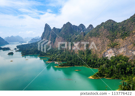 Aerial view of Khao Sok national park, in Cheow lan lake, Surat Thani, Thailand 113776422