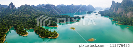Aerial view of Khao Sok national park, in Cheow lan lake, Surat Thani, Thailand 113776425