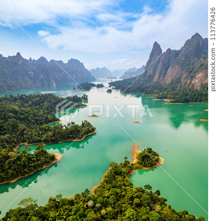 Aerial view of Khao Sok national park, in Cheow lan lake, Surat Thani, Thailand 113776426