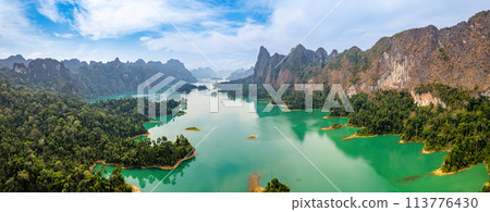 Aerial view of Khao Sok national park, in Cheow lan lake, Surat Thani, Thailand 113776430