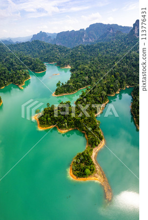 Aerial view of Khao Sok national park, in Cheow lan lake, Surat Thani, Thailand 113776431