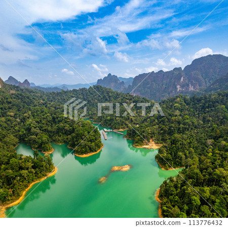 Aerial view of Khao Sok national park, in Cheow lan lake, Surat Thani, Thailand 113776432