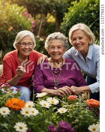 Happy elderly seniors in nursing home, Outdoors in the park. 113776815