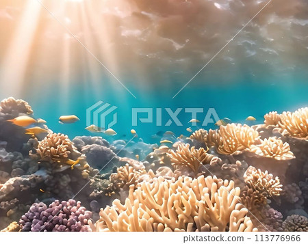 色彩繽紛的珊瑚礁和熱帶魚在陽光下閃閃發光 色彩繽紛的珊瑚礁和熱帶魚在陽光下閃閃發光 113776966