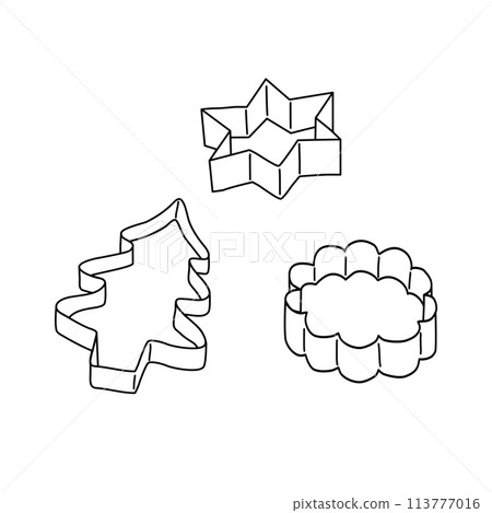 Side view of cookie cutters in different shapes, star, round, Christmas tree, vector outline 113777016