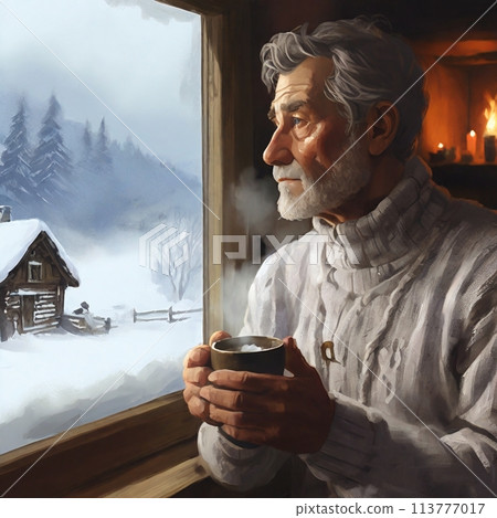 一位老人在溫暖的房間裡看著窗外的雪景 一位老人在溫暖的房間裡看著窗外的雪景 113777017