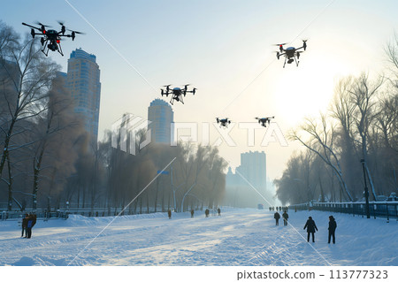 group of drones over frozen river canal in city at winter day or morning group of drones over frozen river canal in city at winter day or morning 113777323