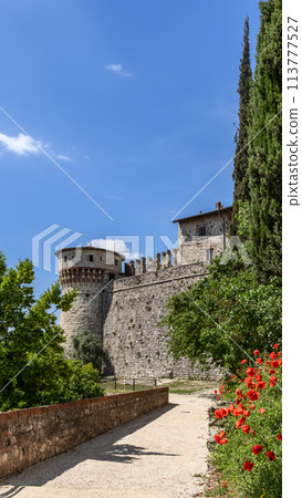 Torre dei prigionieri above Brescia castle walls with poppies Torre dei prigionieri above Brescia castle walls with poppies 113777527