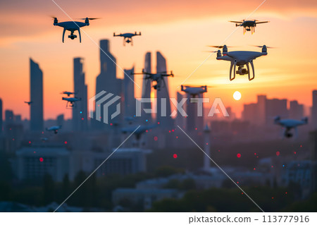 group of drones over city at summer morning 113777916