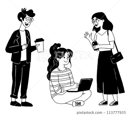 set of modern young people, workers and colleagues. vector drawing in simple linear style, flat 113777935
