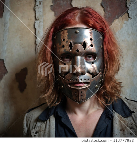 An unpleasant man in a mask, portrait against a shabby wall 113777988