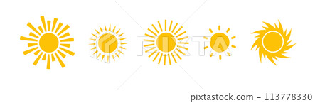 Sun icon vector set. Flat design. Collection of sun stars. Logo or weather icon 113778330