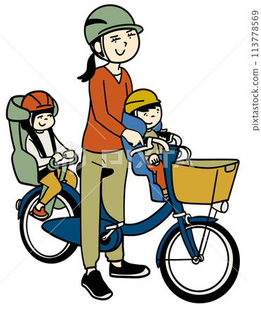 Riding a bicycle with three people Riding a bicycle with three people 113778569