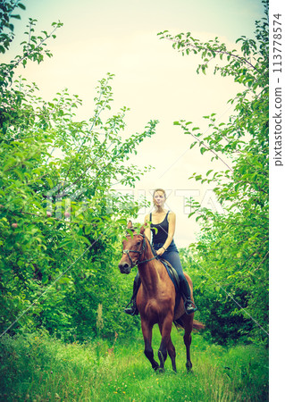 Young woman ridding on a horse Young woman ridding on a horse 113778574