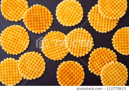 Tasty breakfast . Sweet golden Belgian waffles 113778613