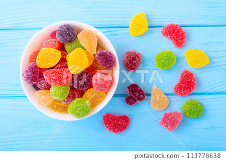 Sweet dessert . Colored marmelade candy . Food background 113778638