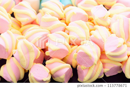 Sweet dessert . Candies from marshmallow .  Food background 113778671