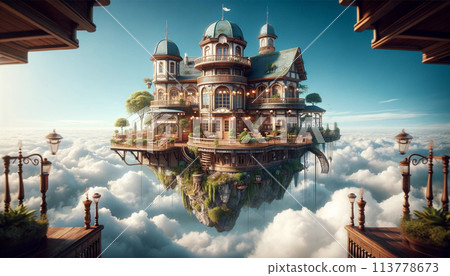 A coffee shop built on an island in the sky A coffee shop built on an island in the sky 113778673