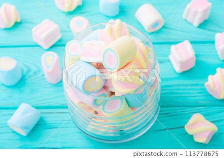 Sweet dessert . Candies from marshmallow . Food background Sweet dessert . Candies from marshmallow . Food background 113778675