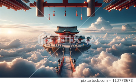 Illustration of a shrine built on an island floating in the sky Illustration of a shrine built on an island floating in the sky 113778678