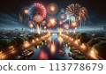 Illustration of fireworks on the riverbank 113778679