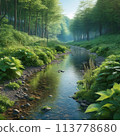 Illustration of a stream flowing in the forest 113778680