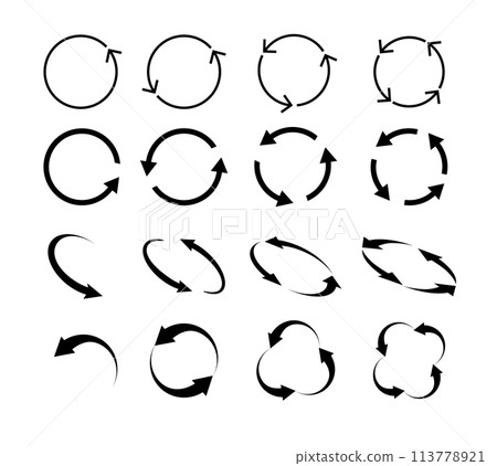 Set of circle arrows isolated. Circular Rotate arrow and spinning loading symbol. Different circular arrows of black color, different thickness and size. Vector 113778921