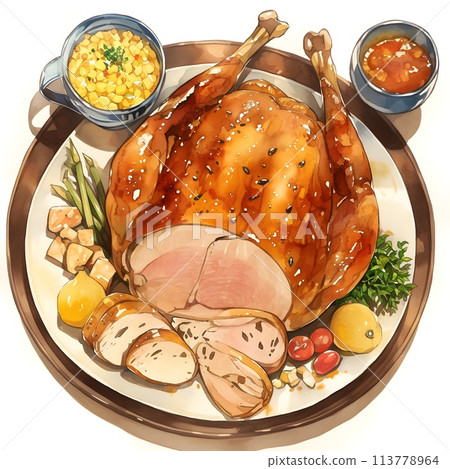 Beautifully Prepared Thanksgiving Feast with Roasted Turkey and Seasonal Side Dishes 113778964