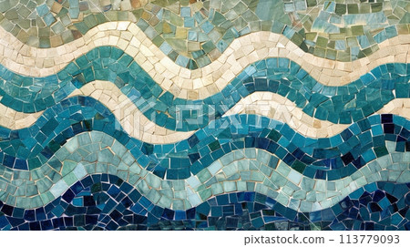 Aqua and azure waves in a mosaic pattern on an urban wall 113779093