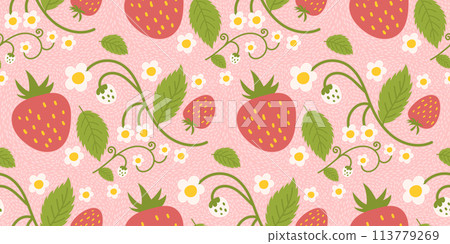 Design of a seamless strawberry pattern with charming berries, flowers, green leaves. Repeated surface design applicable for apparel, textiles, wrapping paper, and additional purposes Design of a seamless strawberry pattern with charming berries, flowers, green leaves. Repeated surface design applicable for apparel, textiles, wrapping paper, and additional purposes 113779269
