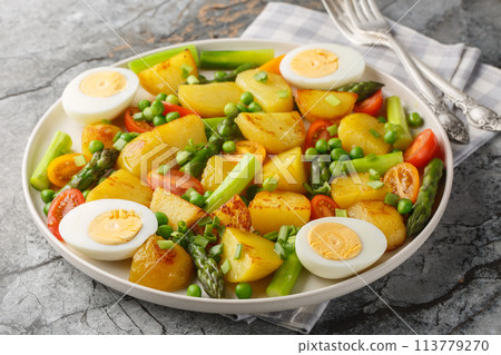 Delicious salad of potatoes, asparagus, cherry tomatoes, eggs and green peas close-up in a plate. Horizontal Delicious salad of potatoes, asparagus, cherry tomatoes, eggs and green peas close-up in a plate. Horizontal 113779270