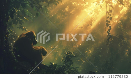 A gorilla relaxes in the jungle, surrounded by trees and sunlight 113779280