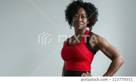 Woman in red tank top and black pants stands hand on hip 113779351