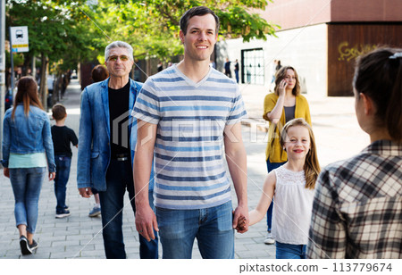 Dad walking by the hand with smiling girl Dad walking by the hand with smiling girl 113779674