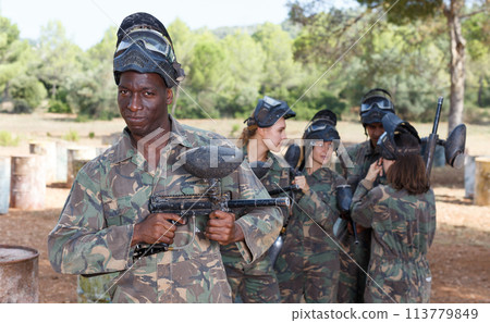 Paintball player before playing outdoors 113779849