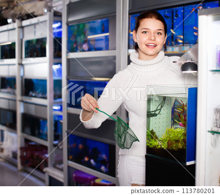 Girl with net and water container is going to catch juvenile fish from aquarium 113780201