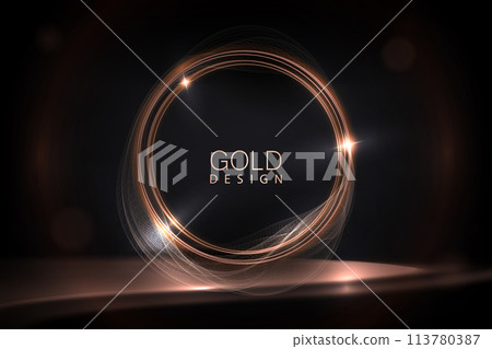 Composition with a shiny round frame with a fine golden veil on a dark background 113780387