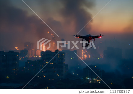 Copter drone over city with smoke at night Copter drone over city with smoke at night 113780557