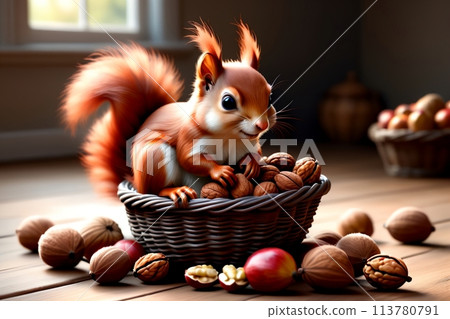 squirrel with nuts in a basket 113780791