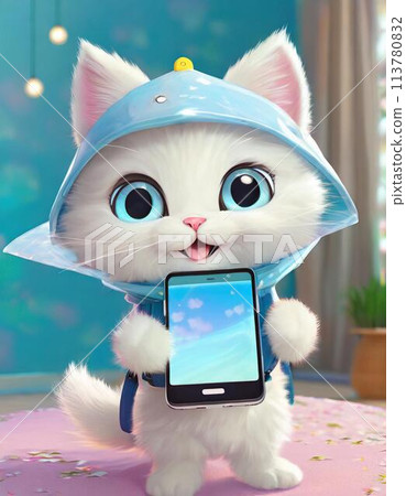 一隻白色的小貓快樂地在他的房間裡度過時光 113780832