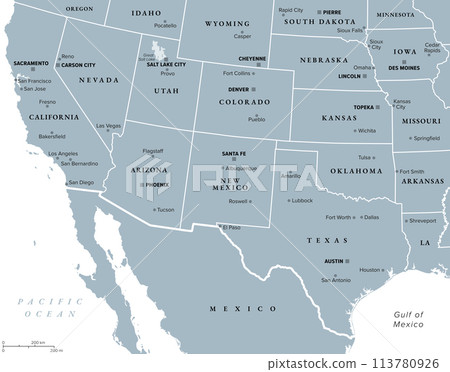 Southwest region of the United States, gray political map. States of American Southwest, simply Southwest. Geographical and cultural region, bordered by Mexico. Arizona, New Mexico, Nevada and Texas. 113780926