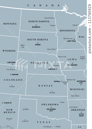 Great Plains Region of the United States, gray political map. Sometimes simply the Plains, are a broad expanse of flatland in North America, located between the Rocky Mountain and the Midwest region. Great Plains Region of the United States, gray political map. Sometimes simply the Plains, are a broad expanse of flatland in North America, located between the Rocky Mountain and the Midwest region. 113780929