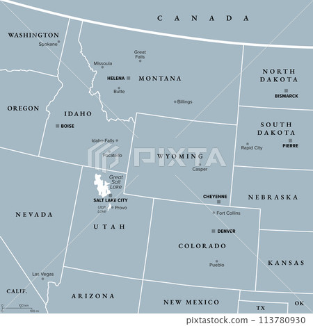 Rocky Mountain region of the United States, gray political map. Rocky Mountains, Rockies for short, divide the western United States from the Great Plains. Colorado, Idaho, Montana, Wyoming, and Utah. 113780930