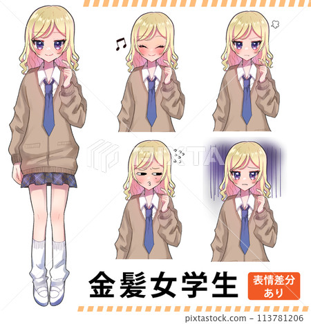 Blonde female student anime style illustration set Blonde female student anime style illustration set 113781206