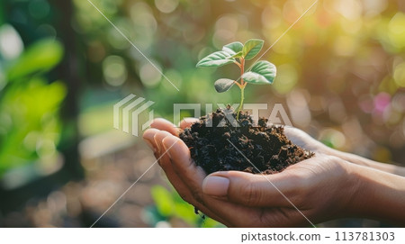 Hand holding a young plant with soil 113781303