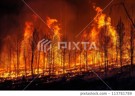 Wildfire raging through a forest at night 113781789