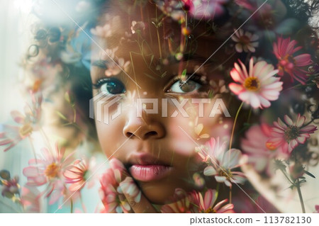 Colorful flowers with blurred background and child face Colorful flowers with blurred background and child face 113782130