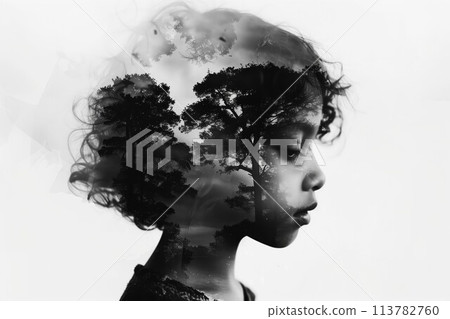Double exposure child portrait with forest scenery 113782760