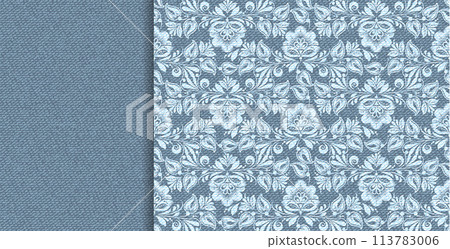 Denim vector floral lace in indigo abstract style on blue background. Decorative floral seamless pattern. Denim vector floral lace in indigo abstract style on blue background. Decorative floral seamless pattern. 113783006
